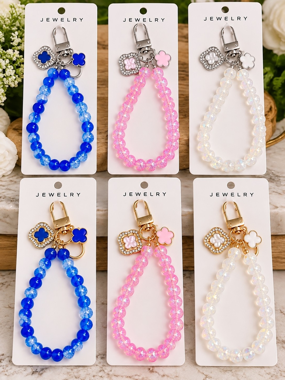 Beaded Keychain Wristlet - Pink, Blue & White - Jewelry
